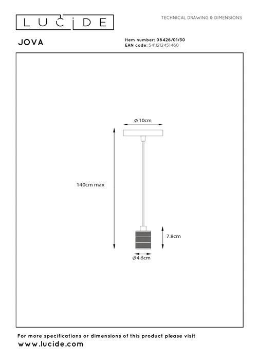 Lucide JOVA - Lámpara colgante - Ø 10 cm - 1xE27 - Negro - técnico